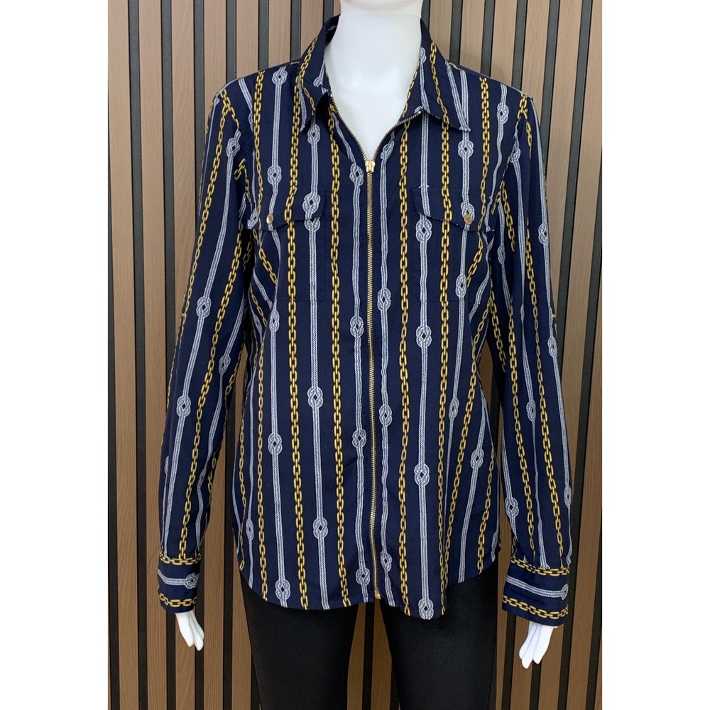 Michael Kors Navy Gold Chain Rope Print Zip Front Blouse Large Nautical Top